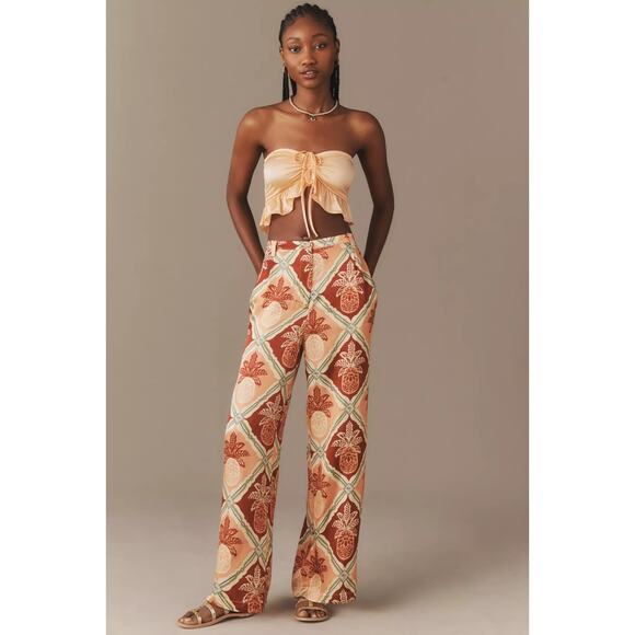 New Farm Rio x Anthropologie Pineapple Satin Wide-Leg Pants $188 X-SMALL Red - Picture 1 of 5